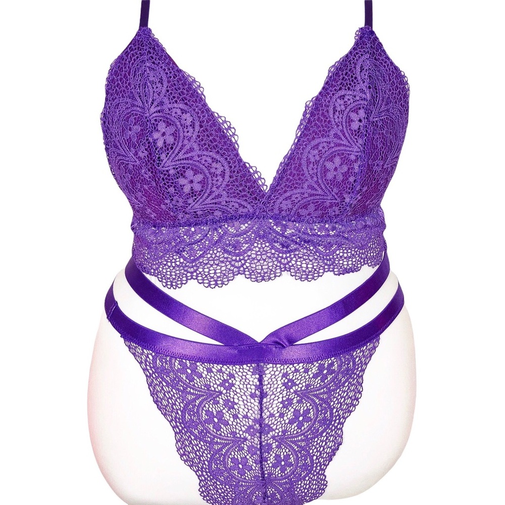 Purple Lace Bra and High Waist Strappy Panty Set